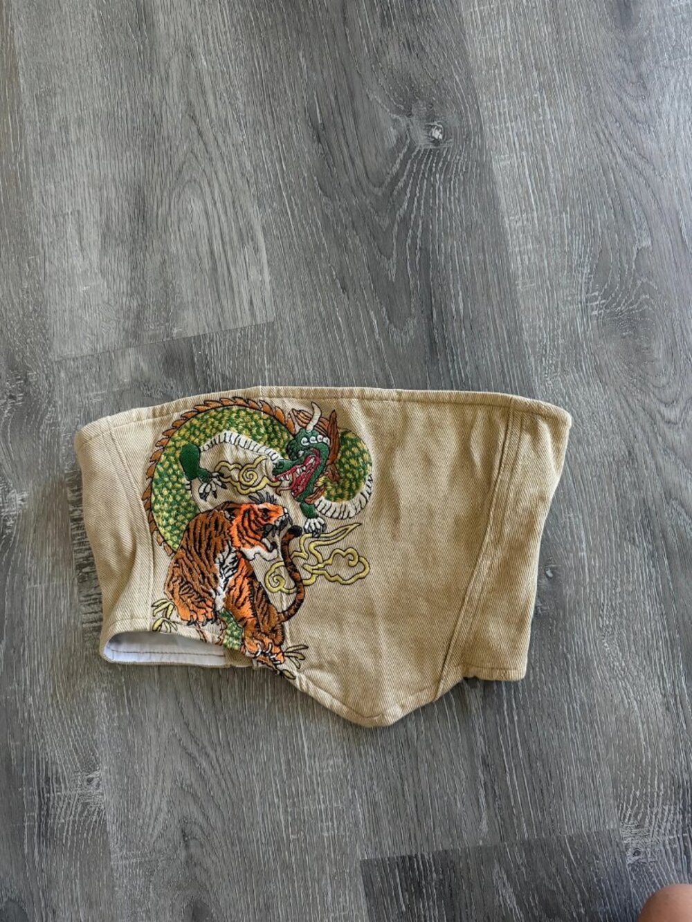 Nasty Gal Beige Dragon & Tiger Embroidered Corset Tube Top | Size 0